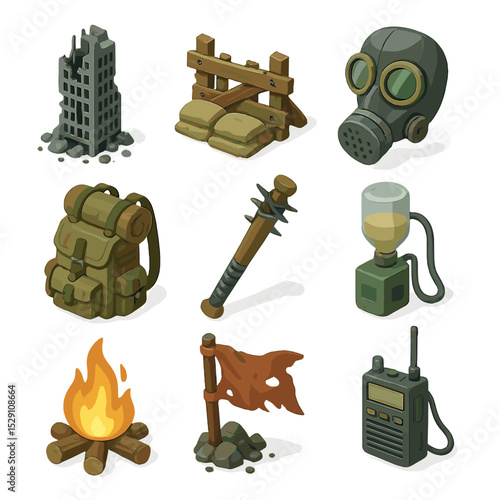 Dystopian Survival Icons. Isometric Flat icon set of post-apocalyptic survival dystopia: ruined skyscraper, makeshift barricade,
