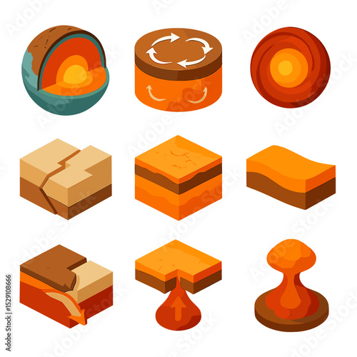 Earth's Layer Icons. Isometric Flat icon set of Earth’s internal layers: crust cross-section, mantle flow arrows, outer core swirl