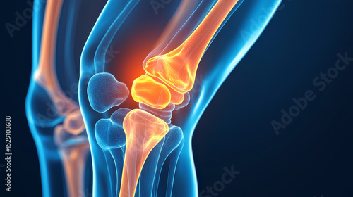 Human knee joint rendered in 3D with emphasis on the painful area, ideal for orthopedic and medical health discussions