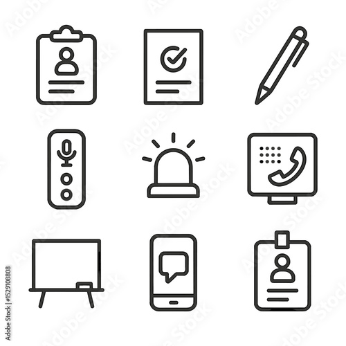 Communication Icon Set. Flat icon set of communication and records: patient chart, consent form, pen, voice recorder, alarm bell,