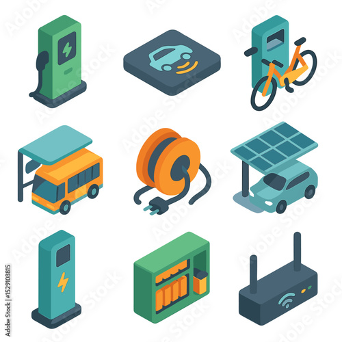 Electric Infrastructure Icons. Isometric Flat icon set of electric transportation infrastructure: EV charging station, wireless