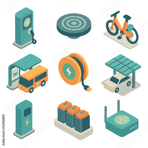 Electric Infrastructure Icons. Isometric Flat icon set of electric transportation infrastructure: EV charging station, wireless