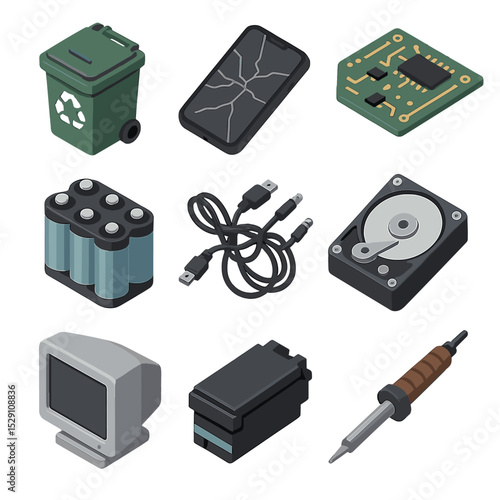 Electronics Recycling Icons. Isometric Flat icon set of electronics recycling: e-waste bin, broken smartphone, circuit board,
