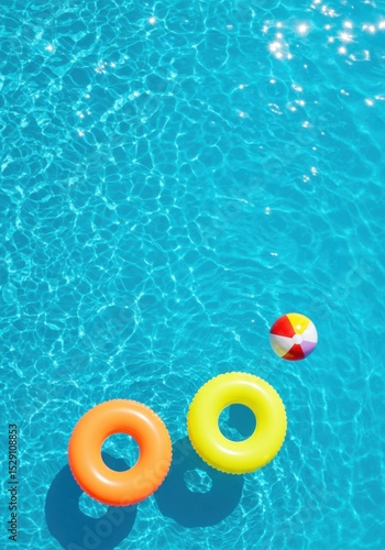 Colorful pool floaties and beach ball on clear blue water surface  