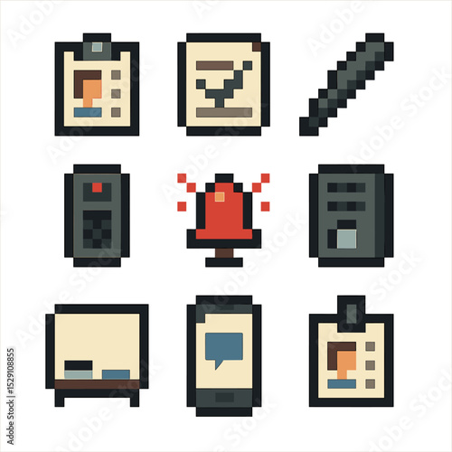 Communication Icon Set. Pixel art icon set of communication and records: patient chart, consent form, pen, voice recorder, alarm
