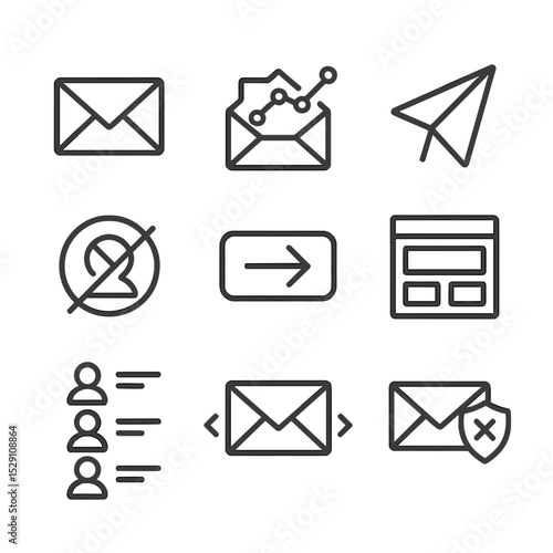 Email Marketing Icons. Outline icon set of email marketing campaigns: envelope, open rate graph, paper plane send, subscriber list
