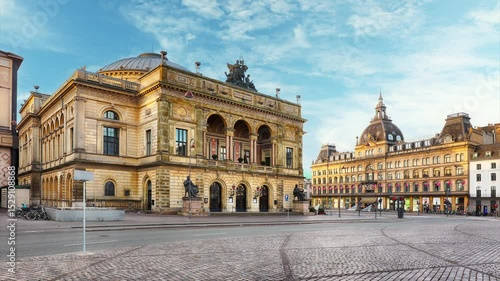 Timelapse of Royal Danish Theatre in Kongens Nytorv, Copenhagen at night, nobody, Denmark