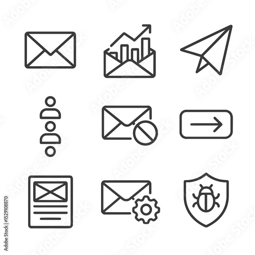Email Marketing Icons. Outline icon set of email marketing campaigns: envelope, open rate graph, paper plane send, subscriber list