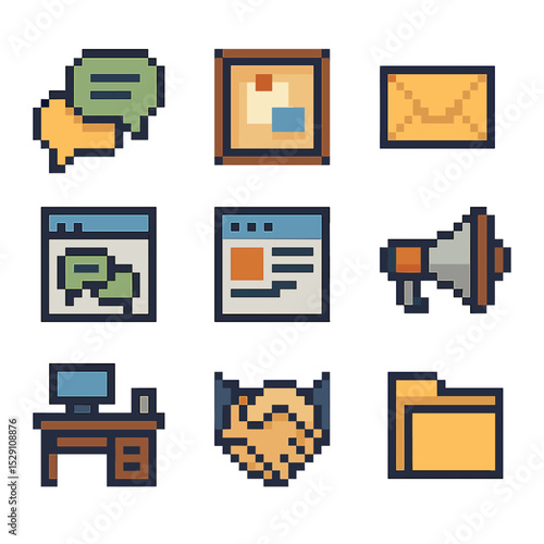 Communication Icons Grid. Pixel art icon set of internal communication: speech bubbles, bulletin board, email envelope, chat
