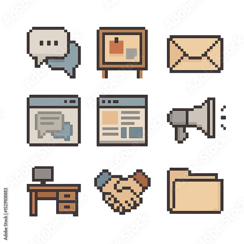 Communication Icons Grid. Pixel art icon set of internal communication: speech bubbles, bulletin board, email envelope, chat