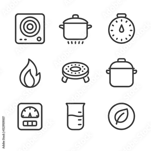 Energy-Efficient Cooking Icons. Outline icon set of energy-efficient cooking: induction stove, lid-on pot, timer dial, small flame