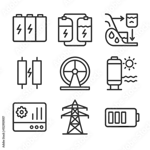 Energy Storage Icons. Outline icon set of energy storage: battery bank, flow battery, pumped hydro, supercapacitor, flywheel,