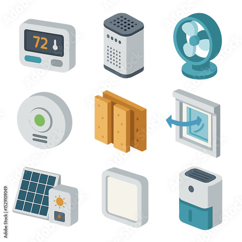 Environmental Systems Icons. Isometric Flat icon set of environmental control systems: HVAC thermostat, air purifier, portable fan