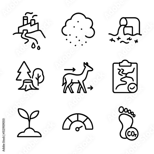 Environmental Impact Icons. Outline icon set of environmental impacts: acid mine drainage, dust cloud, polluted river,
