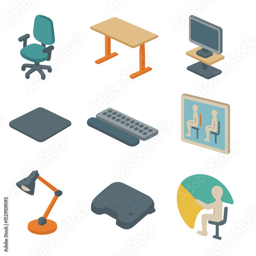 Ergonomic Office Essentials. Isometric Flat icon set of ergonomics in the workplace: ergonomic chair, adjustable desk, monitor