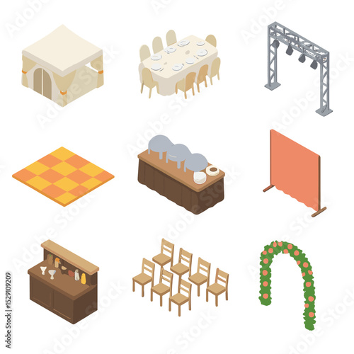 Event Setup Icons Grid. Isometric Flat icon set of estate event setups: wedding marquee, banquet table, stage lighting truss,