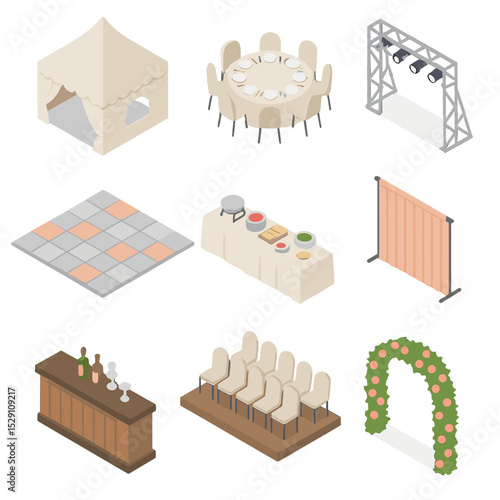 Event Setup Icons Grid. Isometric Flat icon set of estate event setups: wedding marquee, banquet table, stage lighting truss,