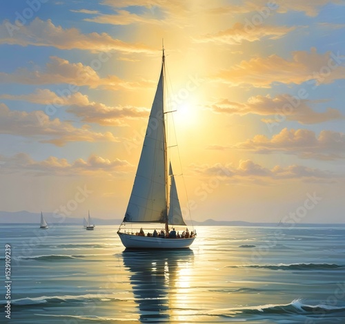 Illustration of sailboat yaht in calm ocean with island and sunrise.