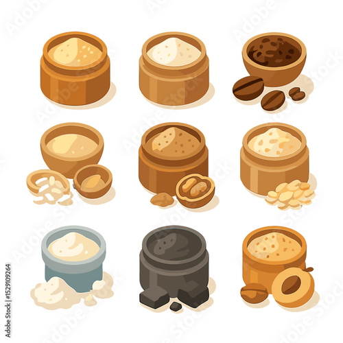 Exfoliating Scrubs Icons. Isometric Flat icon set of exfoliating scrubs: sugar scrub, salt scrub, coffee grounds, rice powder,