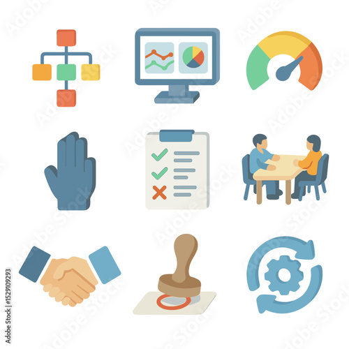 Executive Decision Icons. Isometric Flat icon set of executive decision-making processes: decision tree diagram, data analytics