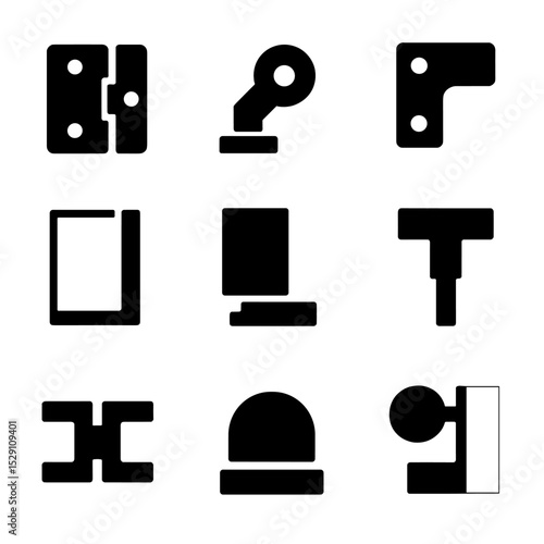 Connector Icon Set. Solid, Filled icon set of connector styles: hinge connector, pivot connector, L-bracket connector,