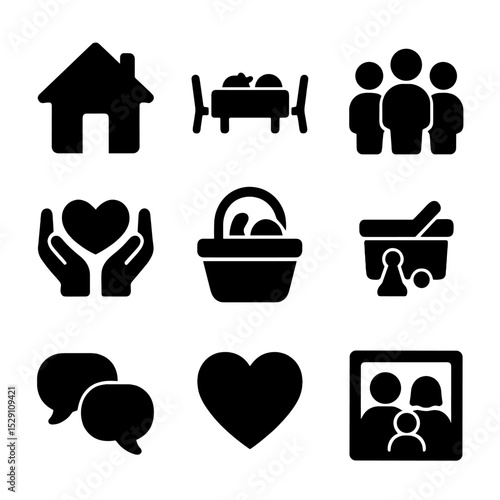 Family & Social Icons. Solid, Filled icon set of family and social time: house silhouette, dinner table, group of people, heart