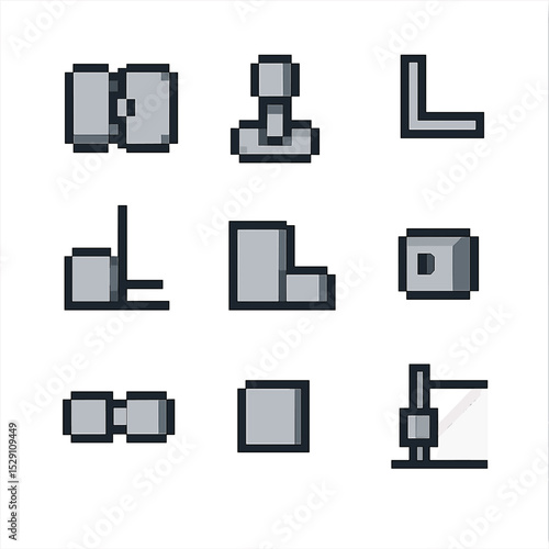 Connector Pixel Icons. Pixel art icon set of connector styles: hinge connector, pivot connector, L-bracket connector,