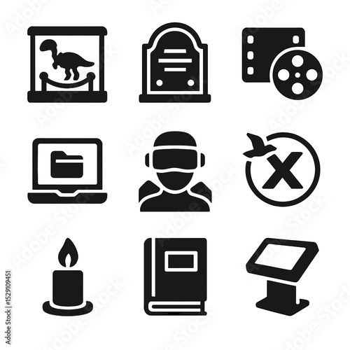 Conservation Icon Collection. Solid, Filled icon set of conservation memorials: museum exhibit, memorial plaque, documentary film,