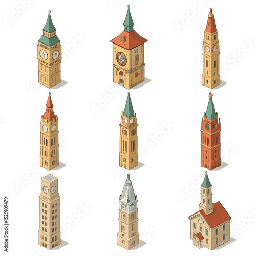 Famous Clock Towers Grid. Isometric Flat icon set of famous clock towers: Big Ben, Prague Astronomical Clock, Zytglogge, Rajabai