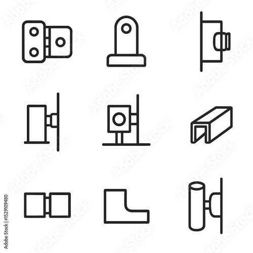 Connector Icon Set. Outline icon set of connector styles: hinge connector, pivot connector, L-bracket connector, glass-to-wall
