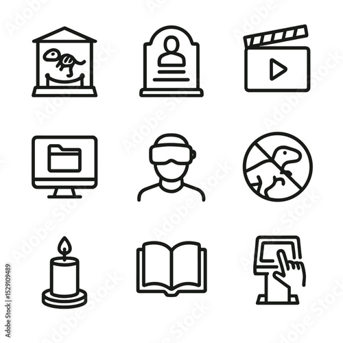 Conservation Memorial Icons. Outline icon set of conservation memorials: museum exhibit, memorial plaque, documentary film,