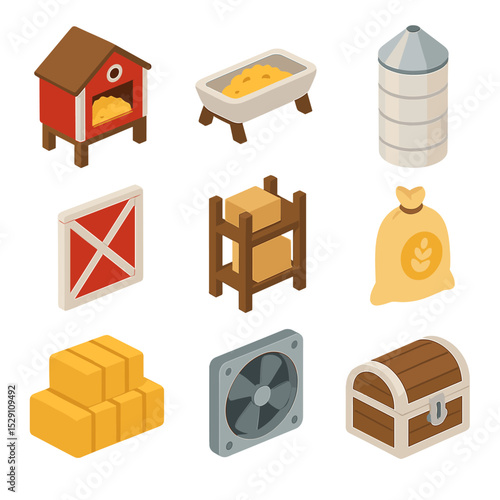 Isometric Farm Icons. Isometric Flat icon set of barn and storage: hayloft, feed trough, grain silo, barn door, storage rack, feed