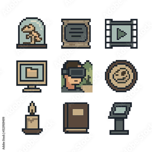 Conservation Memorial Icons. Pixel art icon set of conservation memorials: museum exhibit, memorial plaque, documentary film,