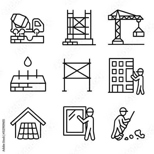 Construction Stages Icons. Outline icon set of construction stages: foundation pour, steel framework, concrete curing, crane lift,