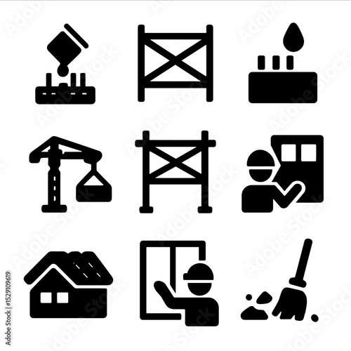 Construction Stages Icons. Solid, Filled icon set of construction stages: foundation pour, steel framework, concrete curing, crane