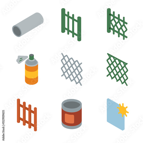 Fence Material Icons. Isometric Flat icon set of fence materials and finishes: galvanized steel tube, powder-coated finish, PVC