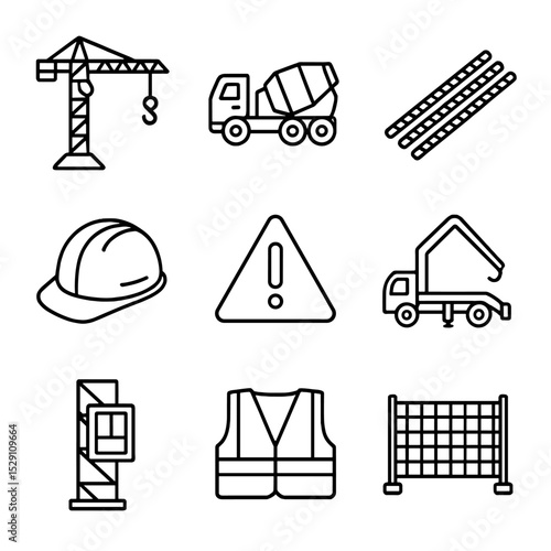 Construction Icon Set. Outline icon set of construction site elements: tower crane, cement mixer, rebar bundle, safety helmet,