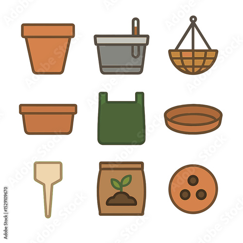 Wallpaper Mural Container Gardening Icons. Flat icon set of container gardening: terra cotta pot, self-watering planter, hanging basket, window Torontodigital.ca