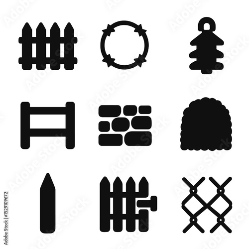 Fence Icon Set. Solid, Filled icon set of fence and boundaries: picket fence, barbed wire coil, electric insulator, post and rail,