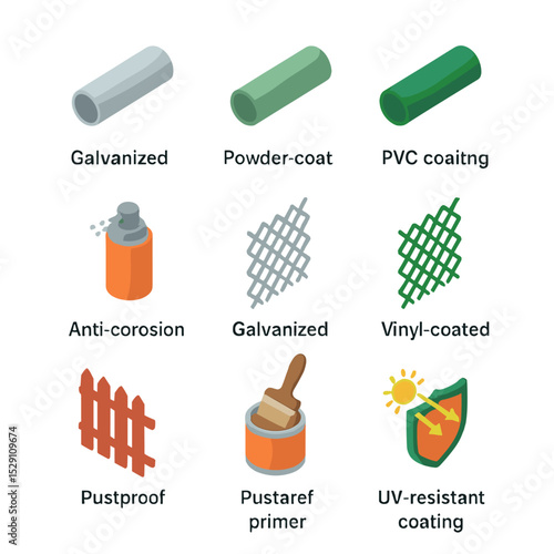 Fence Material Icons. Isometric Flat icon set of fence materials and finishes: galvanized steel tube, powder-coated finish, PVC
