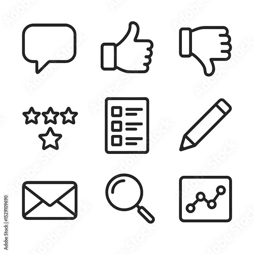 Feedback Icon Set. Outline icon set of feedback gathering: speech bubble, thumbs up, thumbs down, star rating, questionnaire form,
