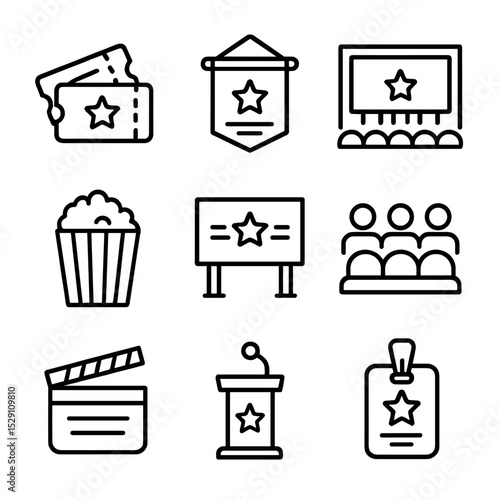 Film Festival Icons. Outline icon set of film festival screening: tickets stub, festival logo banner, screening room, popcorn box,