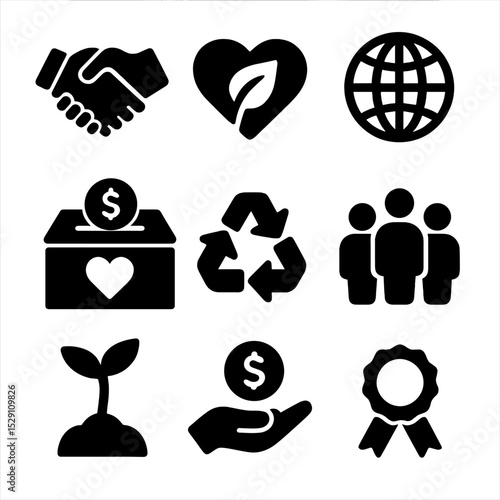 Corporate Icons Grid. Solid, Filled icon set of corporate social responsibility: handshake, heart leaf, globe, charity box,
