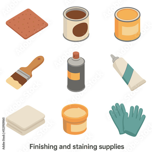 Finishing Supplies Icons. Isometric Flat icon set of finishing and staining supplies: fine-grit sandpaper, wood stain can, varnish