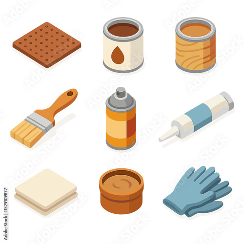 Finishing Supplies Icons. Isometric Flat icon set of finishing and staining supplies: fine-grit sandpaper, wood stain can, varnish