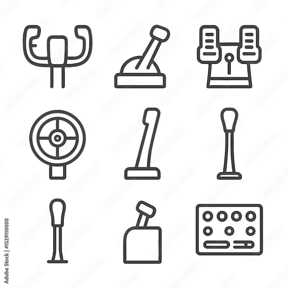 Flight Controls Icons. Outline icon set of flight controls: control yoke, throttle lever, rudder pedals, trim wheel, flaps lever, Flight Controls Icons. Outline icon set of flight controls: control yoke, throttle lever, rudder pedals, trim wheel, flaps lever,
