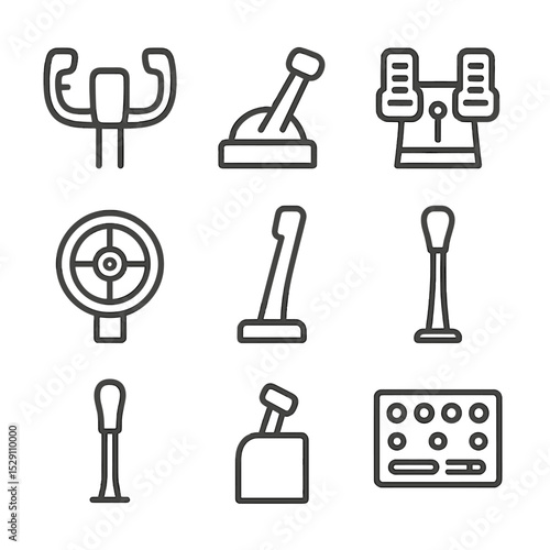 Flight Controls Icons. Outline icon set of flight controls: control yoke, throttle lever, rudder pedals, trim wheel, flaps lever,