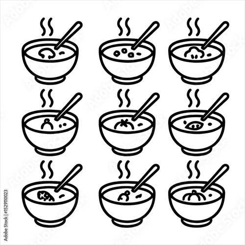Cream Soups Icon Set. Outline icon set of cream soups: mushroom soup, potato leek soup, cauliflower soup, butternut squash soup,
