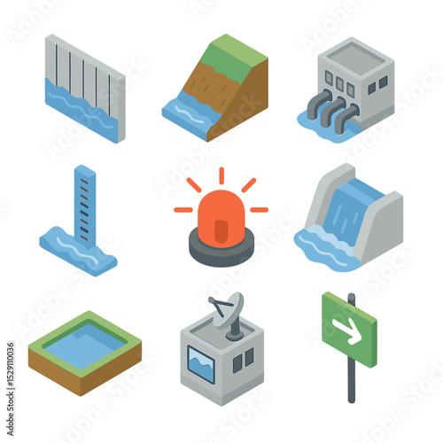 Flood Control Icons. Isometric Flat icon set of flood management infrastructure: flood barrier wall, reinforced levee, pumping