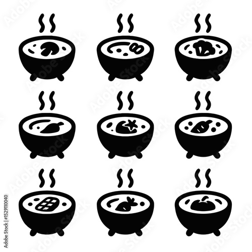 Cream Soups Icon Set. Solid, Filled icon set of cream soups: mushroom soup, potato leek soup, cauliflower soup, butternut squash